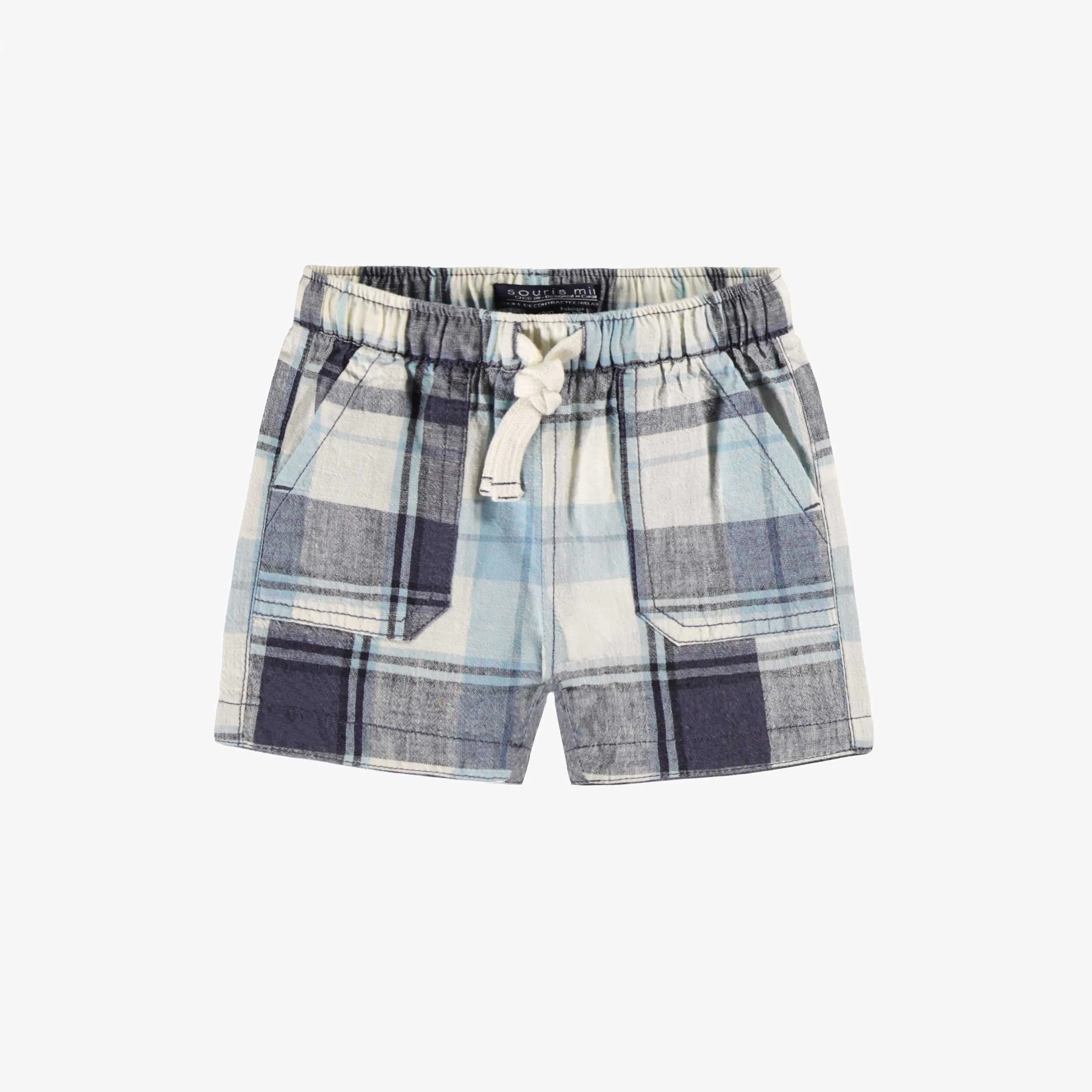 Bermuda bleu et crème à carreaux, bébé || Blue and cream plaid bermuda shorts, baby