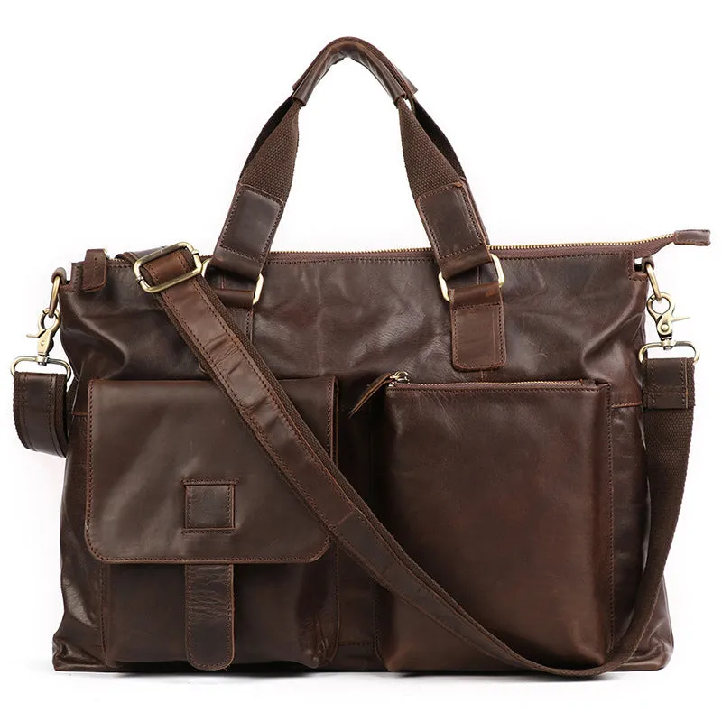 Crazy Horse Leather Briefcase Retro Tote Bag Handmade Shoulder Messenger Bag