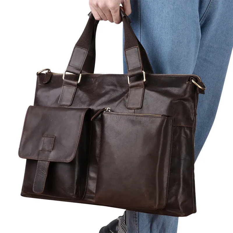 Crazy Horse Leather Briefcase Retro Tote Bag Handmade Shoulder Messenger Bag