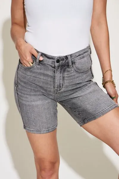 Hilary Judy Blue Full Size Washed Bermuda Denim Shorts
