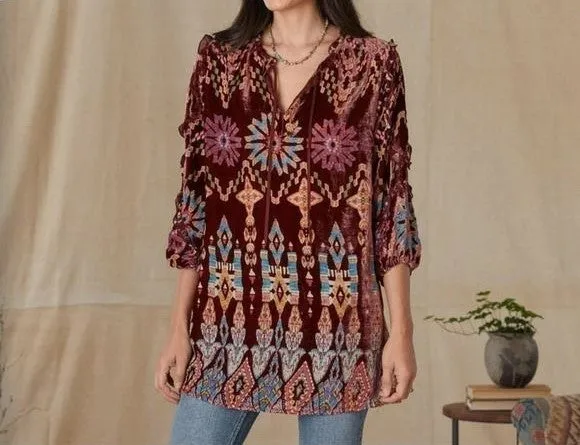 Johnny Was Geo Burnout Mali Tunic Top Shirt Burgundy Tribal Velvet Brown NEW