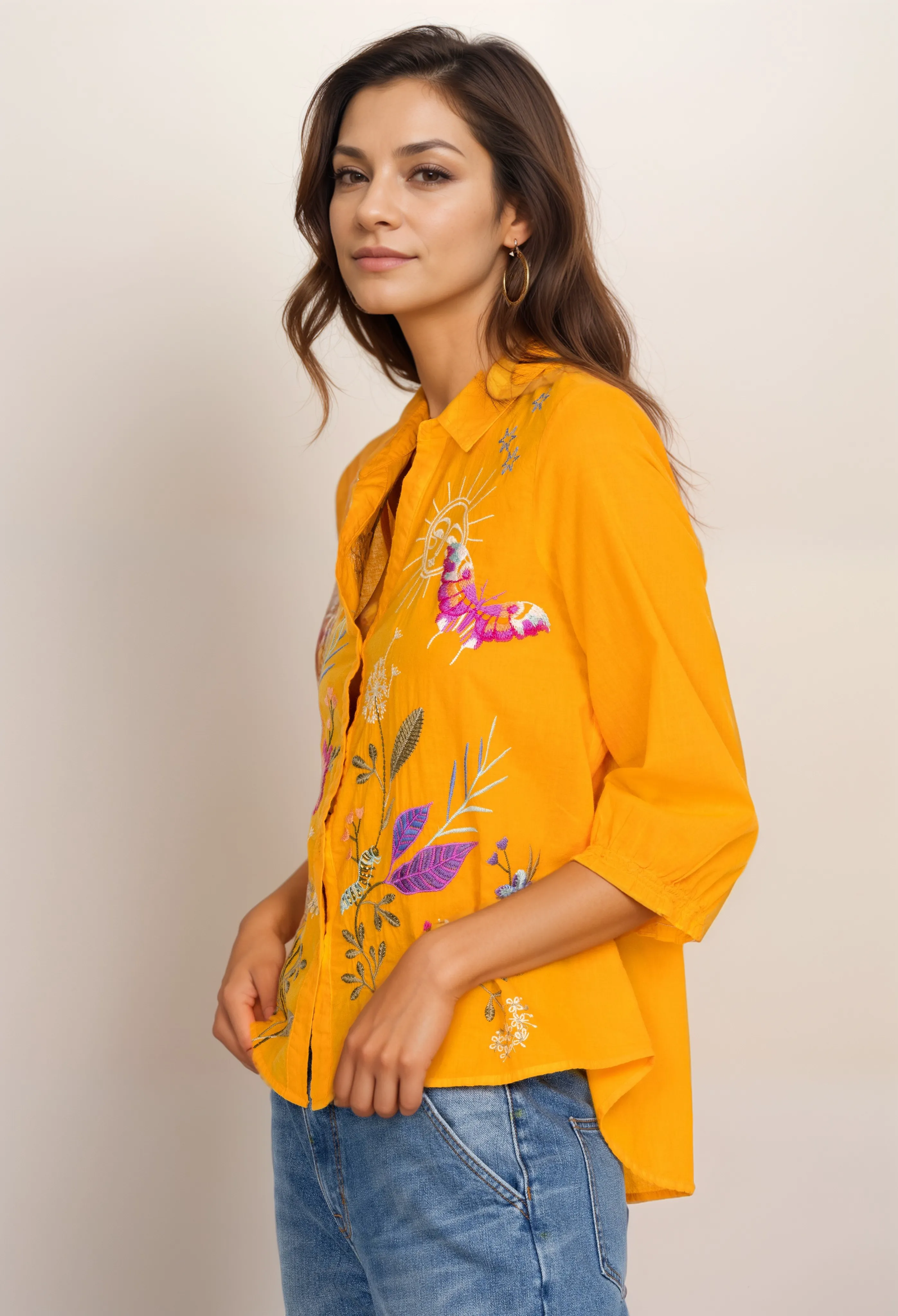 Johnny Was Workshop Nila Embroidered Relaxed Smocked Shirt Boho Chic W10323 NEW*