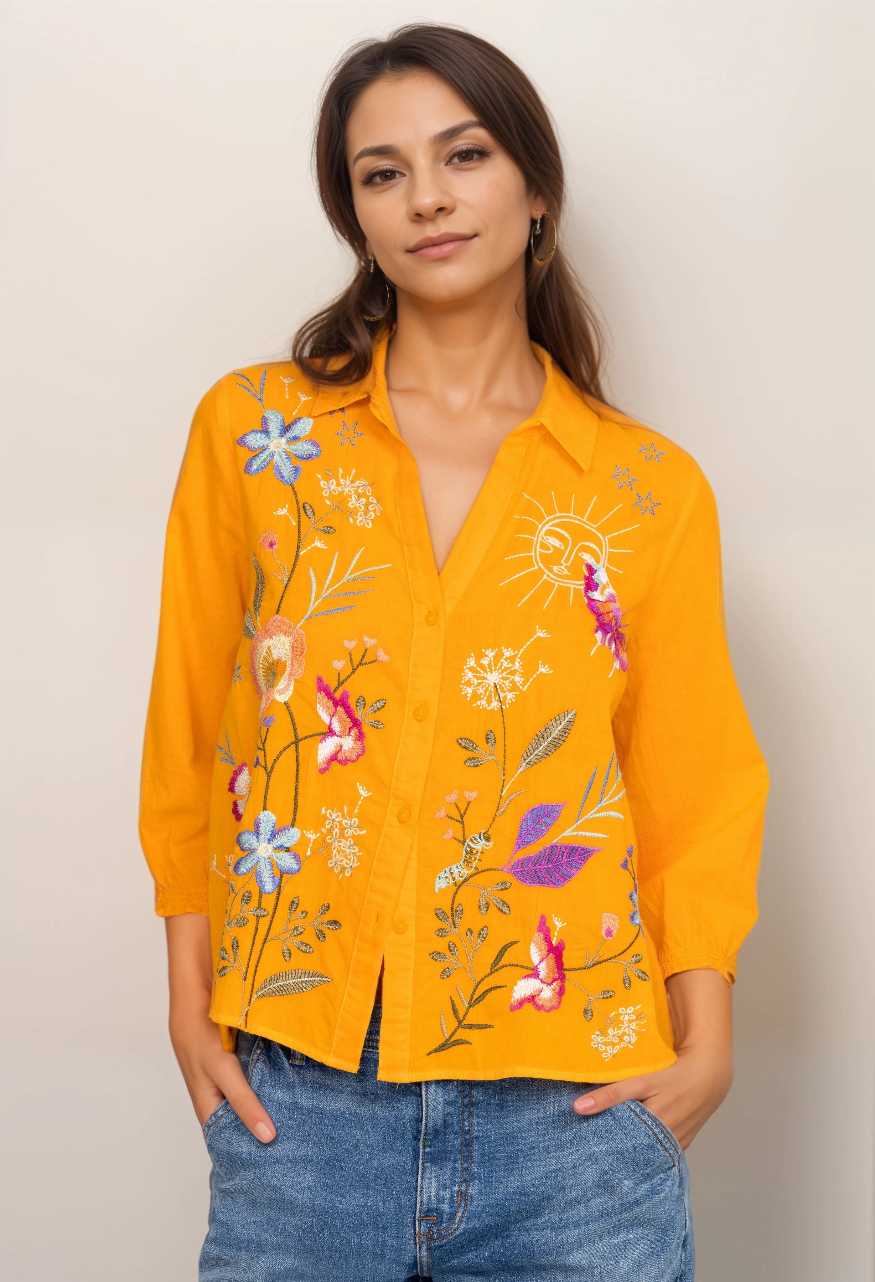 Johnny Was Workshop Nila Embroidered Relaxed Smocked Shirt Boho Chic W10323 NEW*