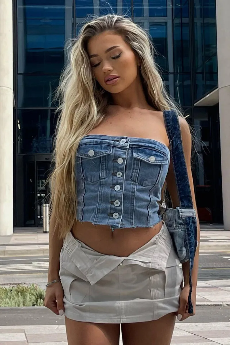 Mid Blue Denim Bandeau Button Front Crop Top - Emiko