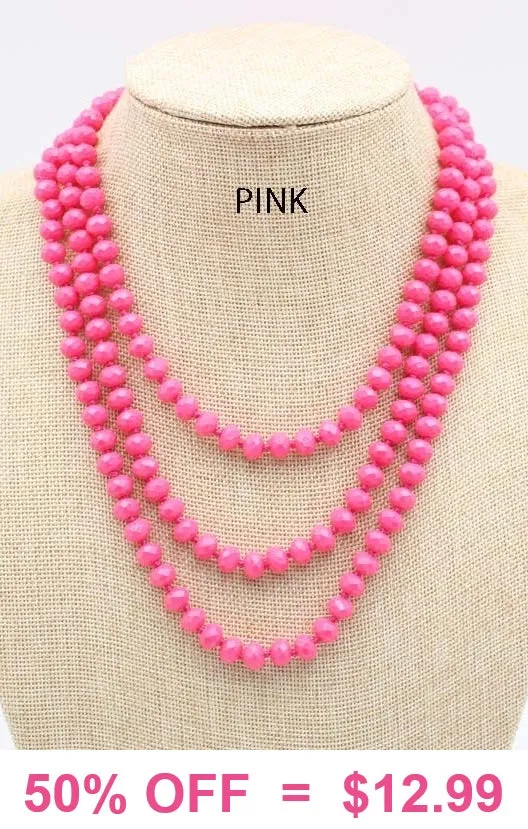 Neon Pink Crystal 60" Long Strand Layering Necklace