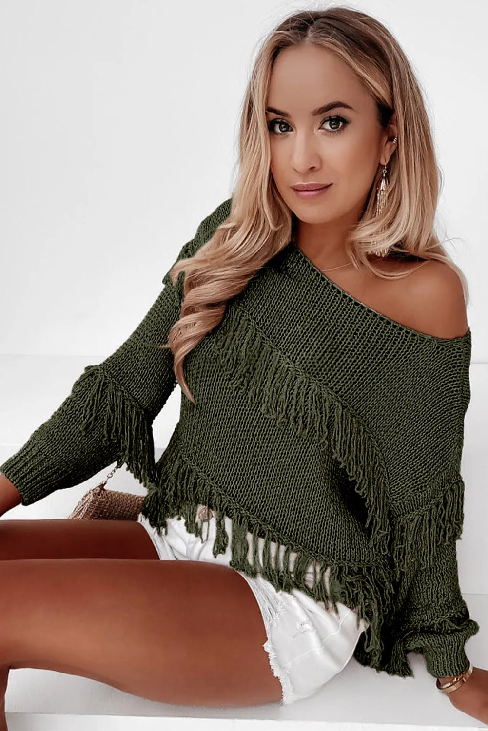 Pickle Green Boho Tasseled Knitted Sweater