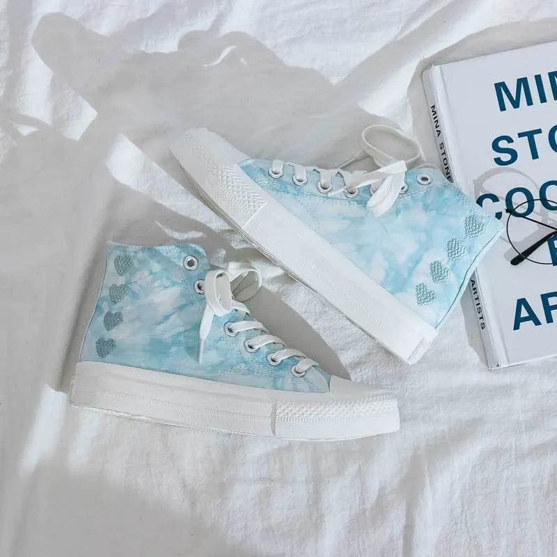 Pink/blue Tie-dye Love Embroidered Canvas Shoes UB2605