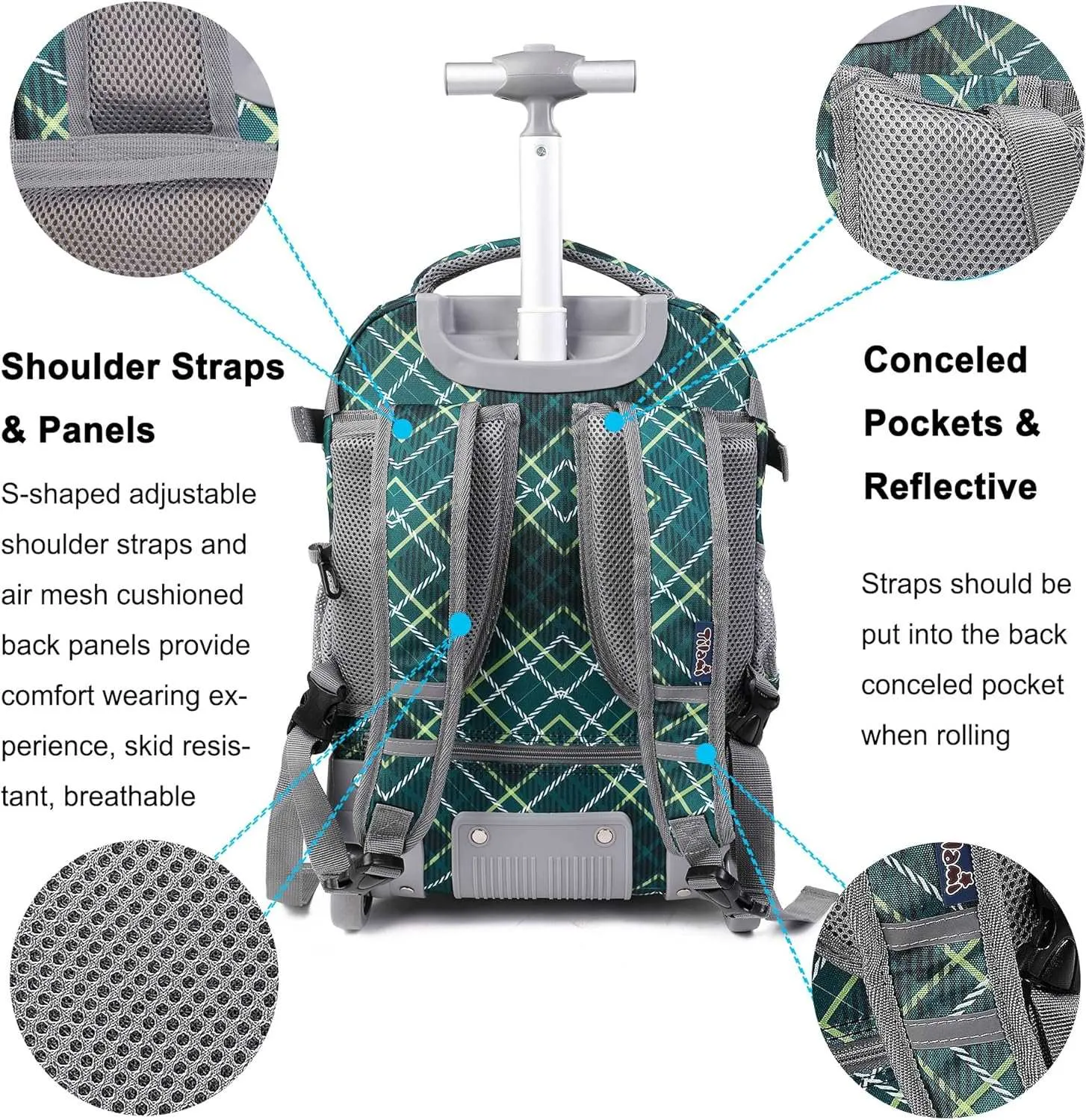 Tilami 19 inch Checkered Green Single Handle Rolling Backpack
