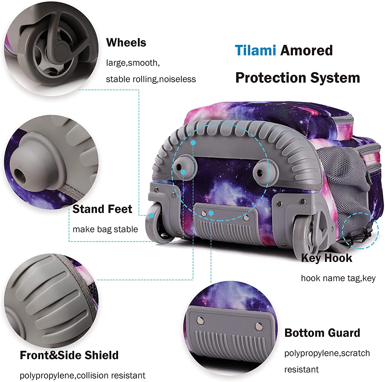 Tilami Purple Galaxy Rolling Backpack 18 inch with Pencil Case