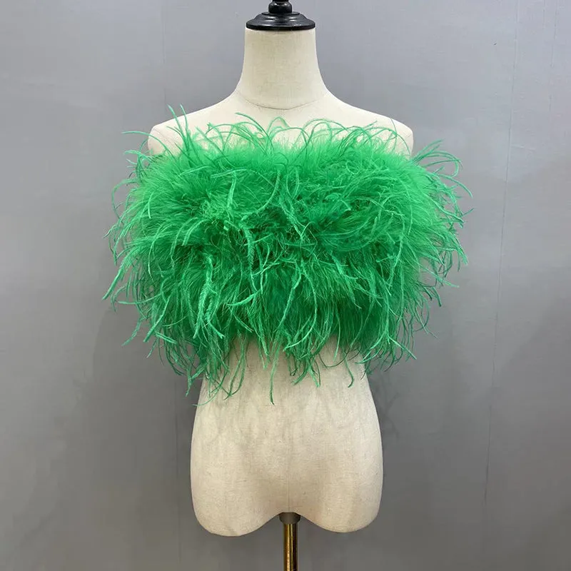 Women's Ostrich Feather Top Bandeau Tube Top Strapless Fur Bra Vest Party Club