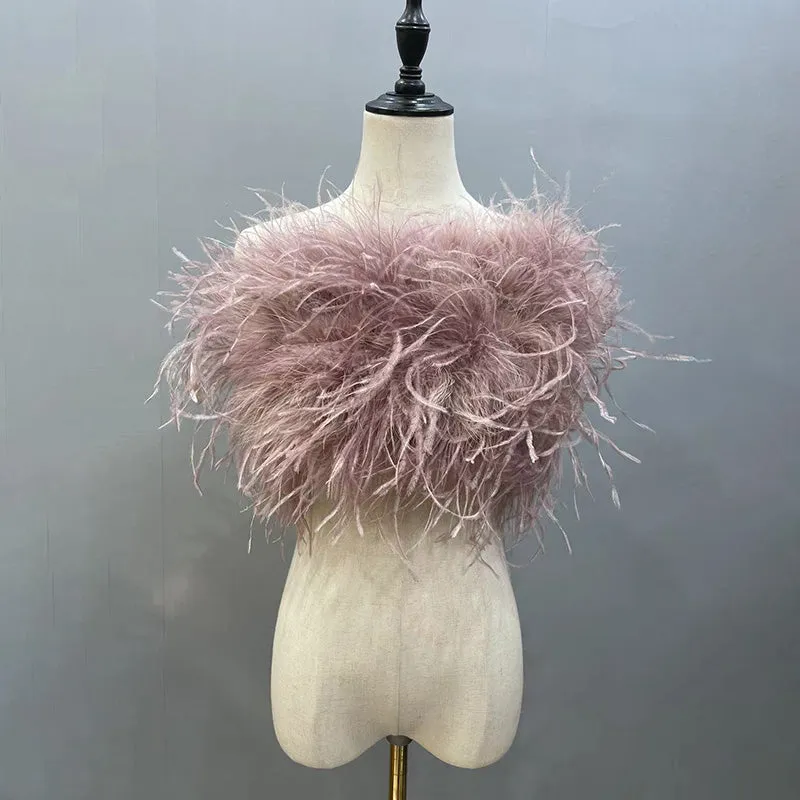 Women's Ostrich Feather Top Bandeau Tube Top Strapless Fur Bra Vest Party Club