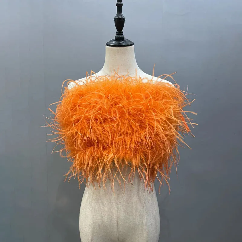 Women's Ostrich Feather Top Bandeau Tube Top Strapless Fur Bra Vest Party Club
